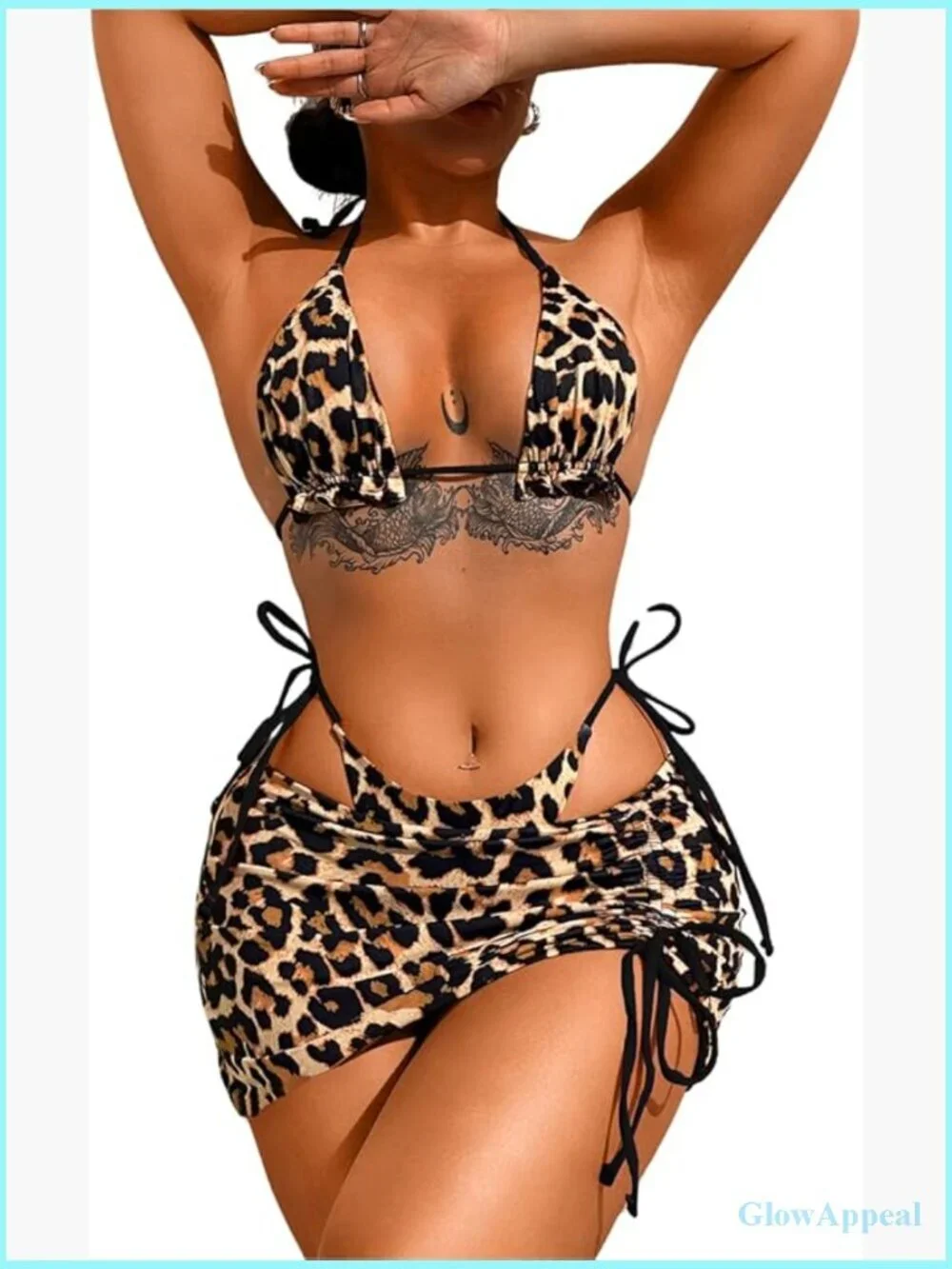 3 Piece Leopard Bikini Set with Coverup Skirt Triangle String Thong Swimwear